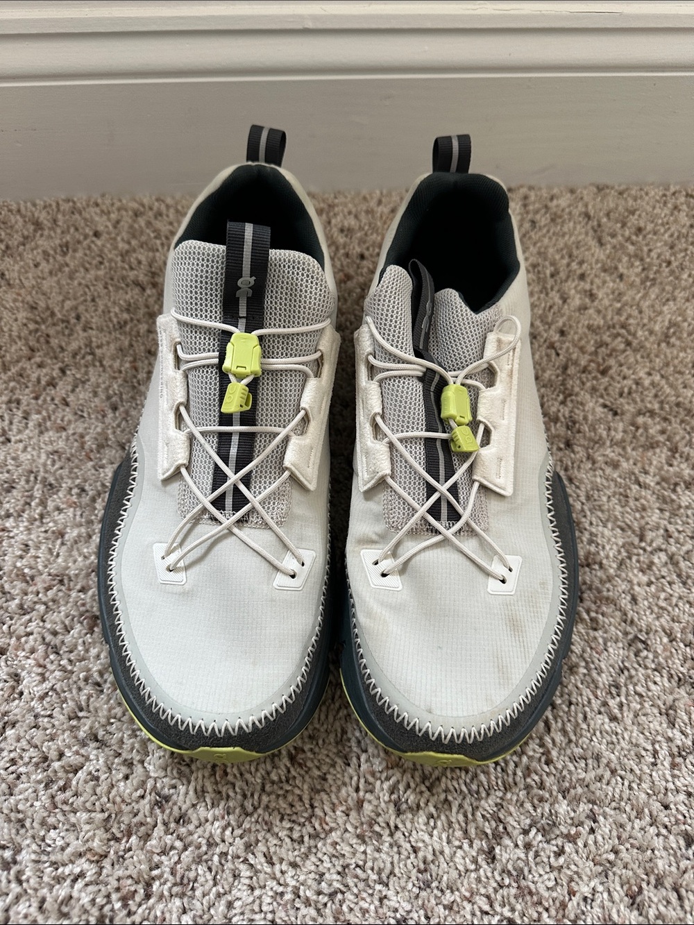 On Running Off-White Athletic Trainers with Lime Lace Locks